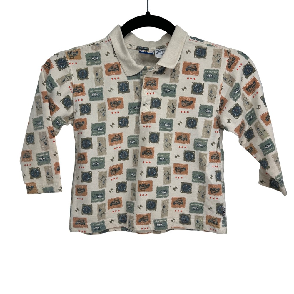 Sprockets Boys 3T Long Sleeve Polo Shirt Cream Helicopter Jet SUV Vintage Style